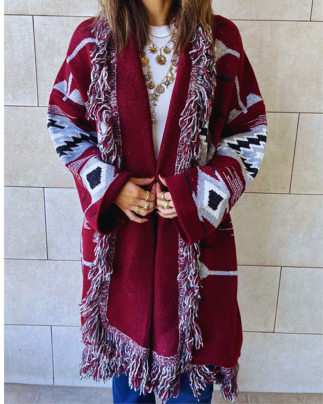 Aztec Burgundy Ruffle Cardigan