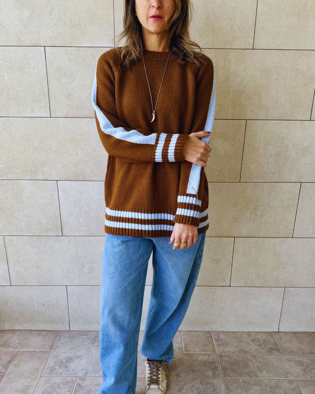 Brown Side Stripe Knit Pullover