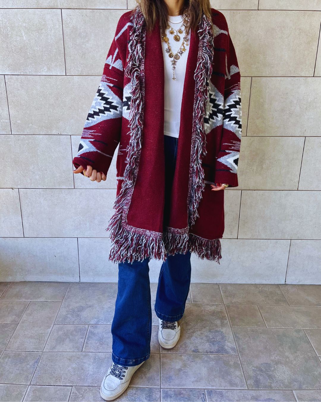 Aztec Burgundy Ruffle Cardigan