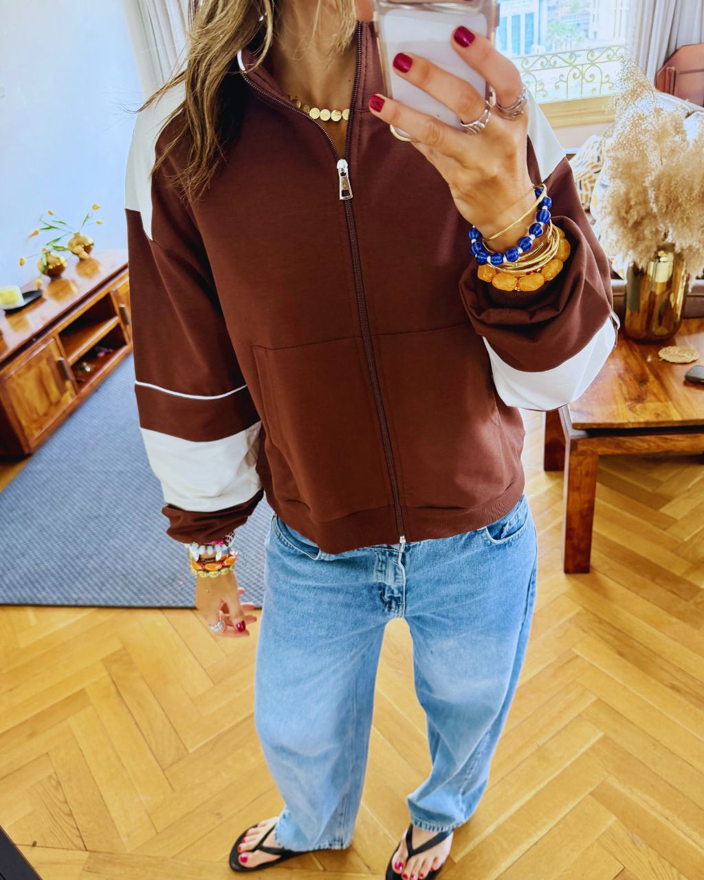 Brown Light Weight Retro Zip Up