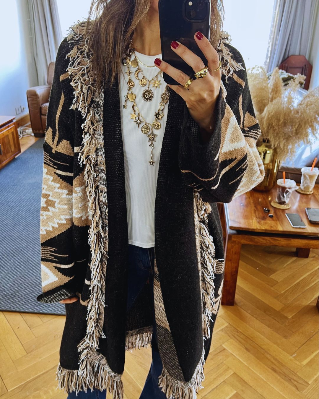 Aztec Black Ruffle Cardigan