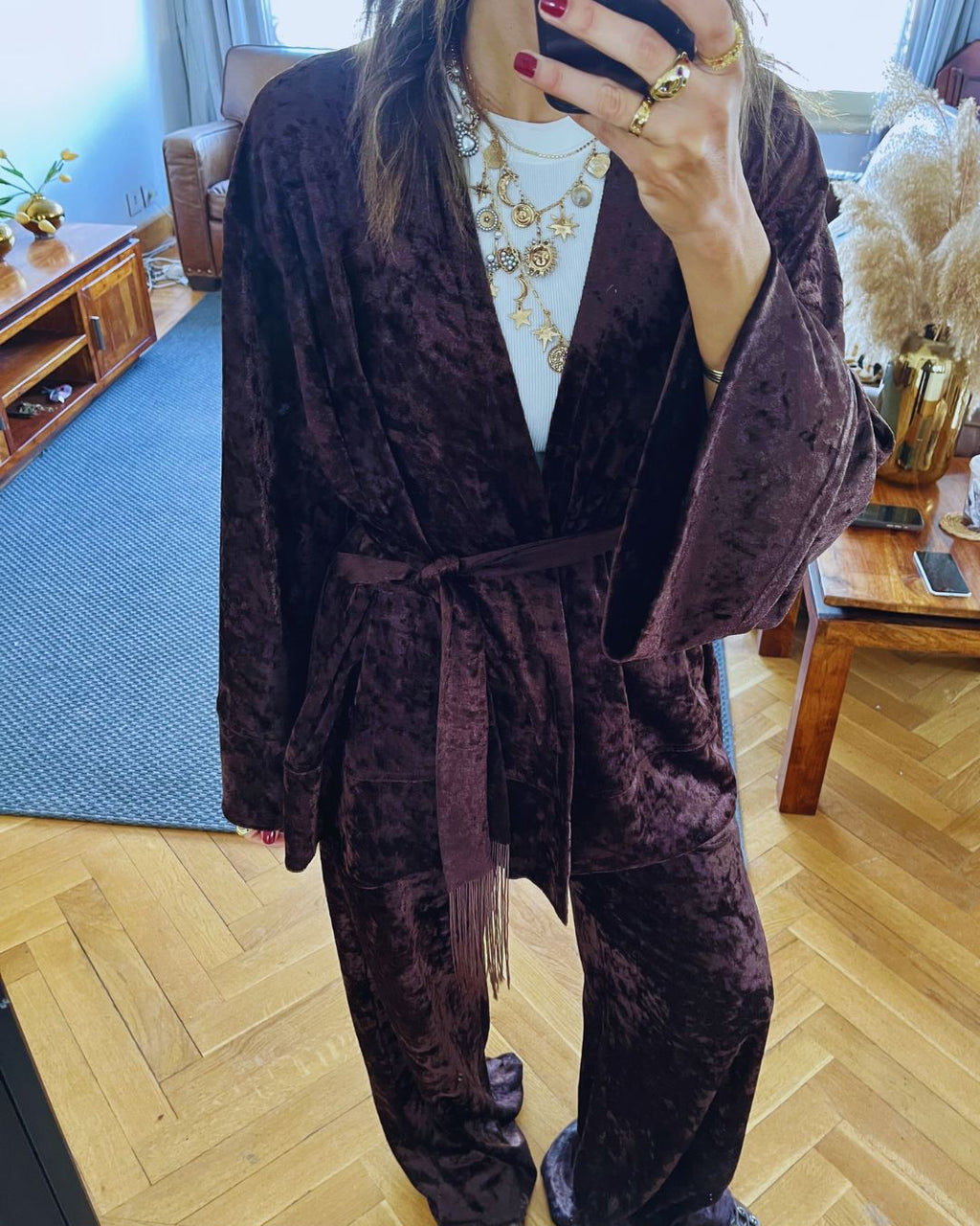 Brown Velvet Wrap Fringe Kimono