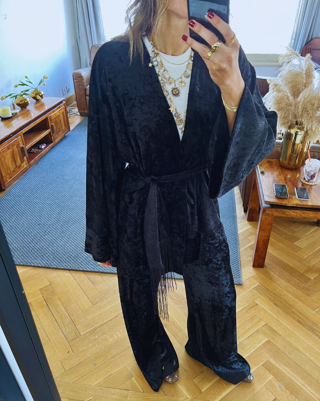 Black Velvet Wrap Fringe Kimono