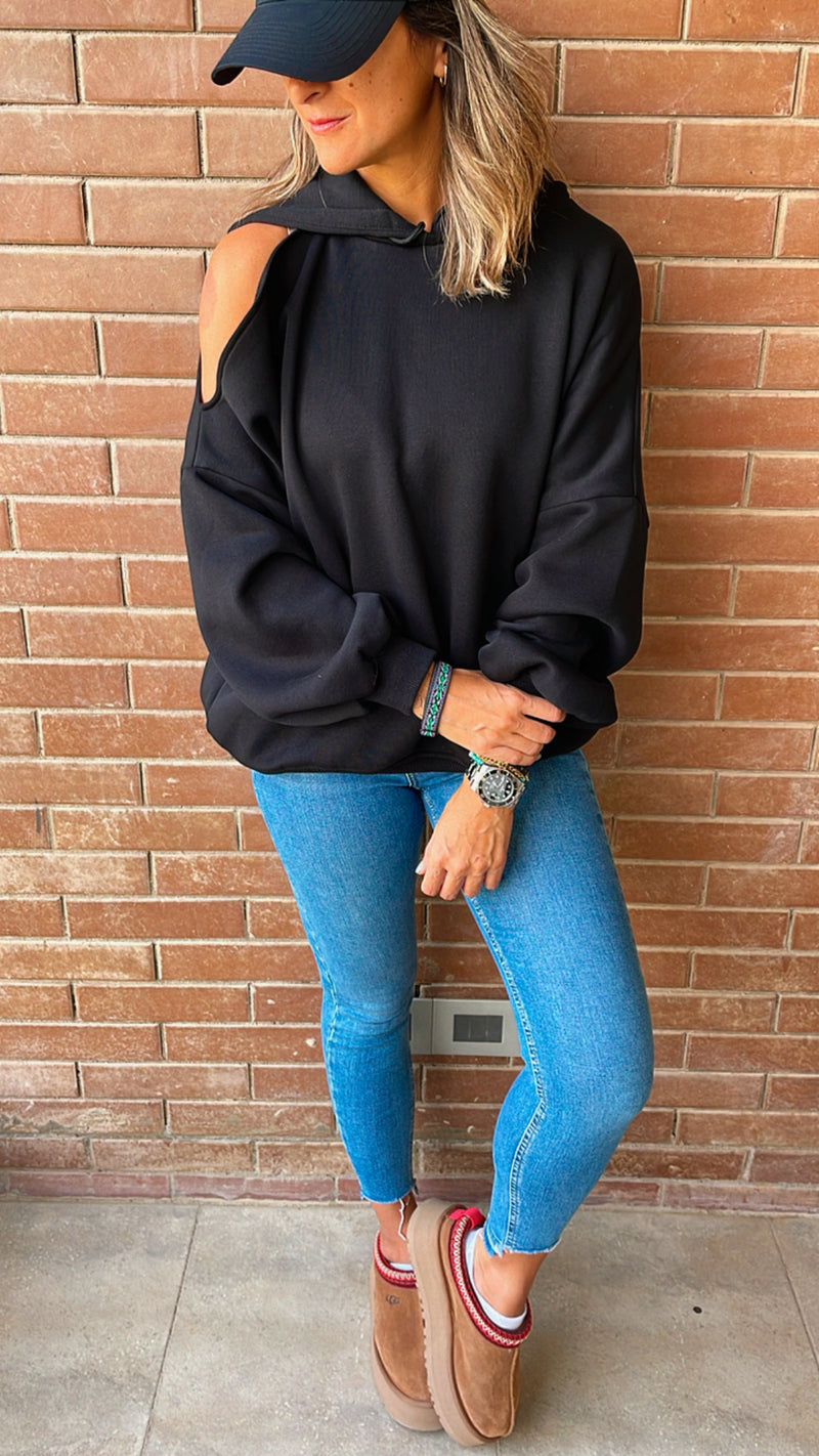 Black Cut Out Shoulder Sweatshirt
