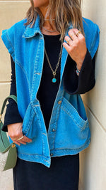 Blue Exaggerated Double Pocket Denim Vest