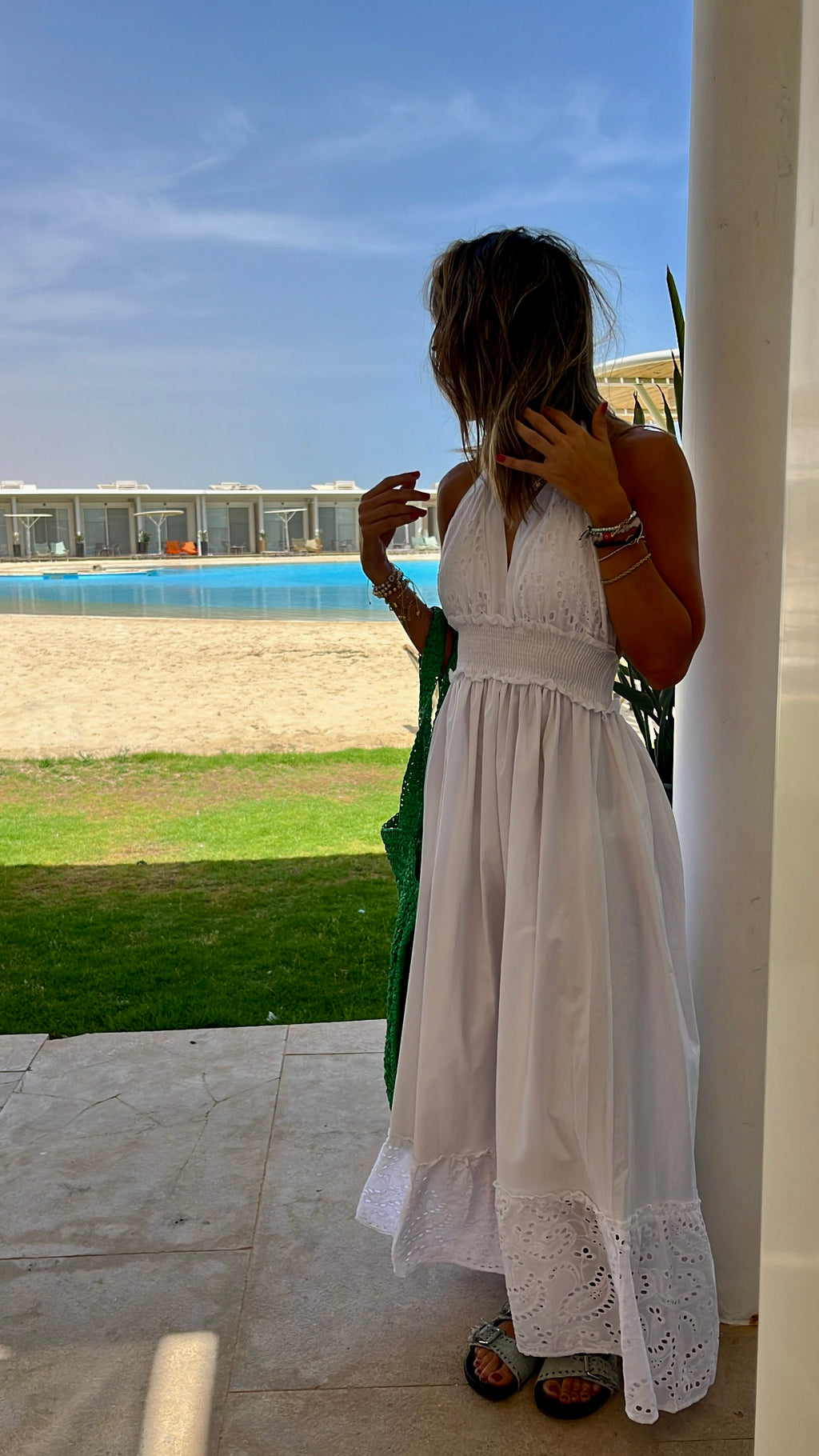 White Backless Summer Anglaise Trim Dress