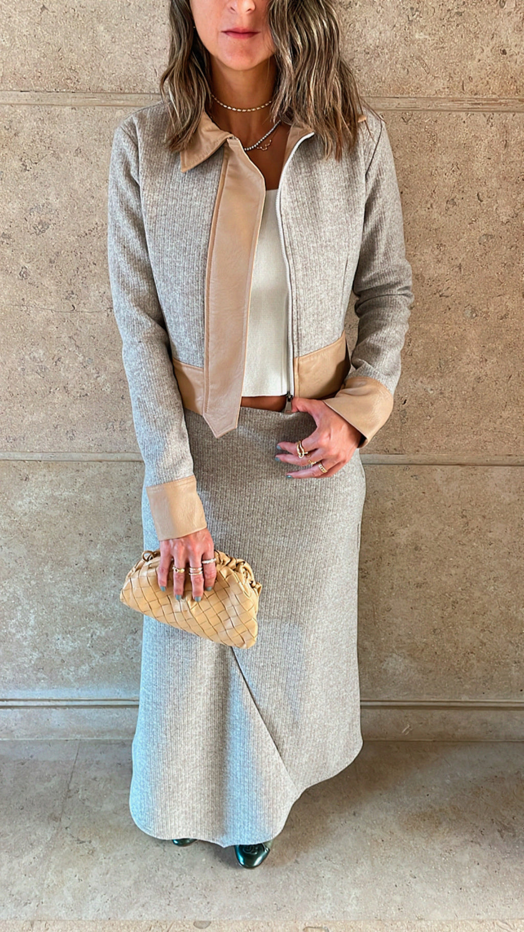 Beige Leather Jacket Skirt Set