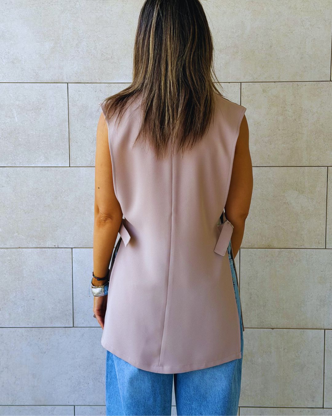 Beige Buckle Side Oversized Vest