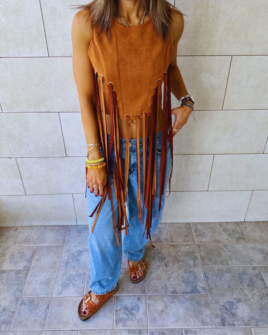 Camel Fringe Me Up Suede Top