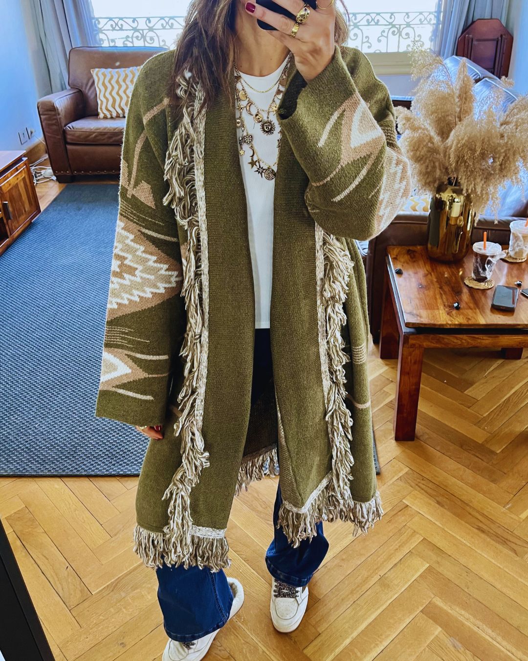 Aztec Olive Ruffle Cardigan