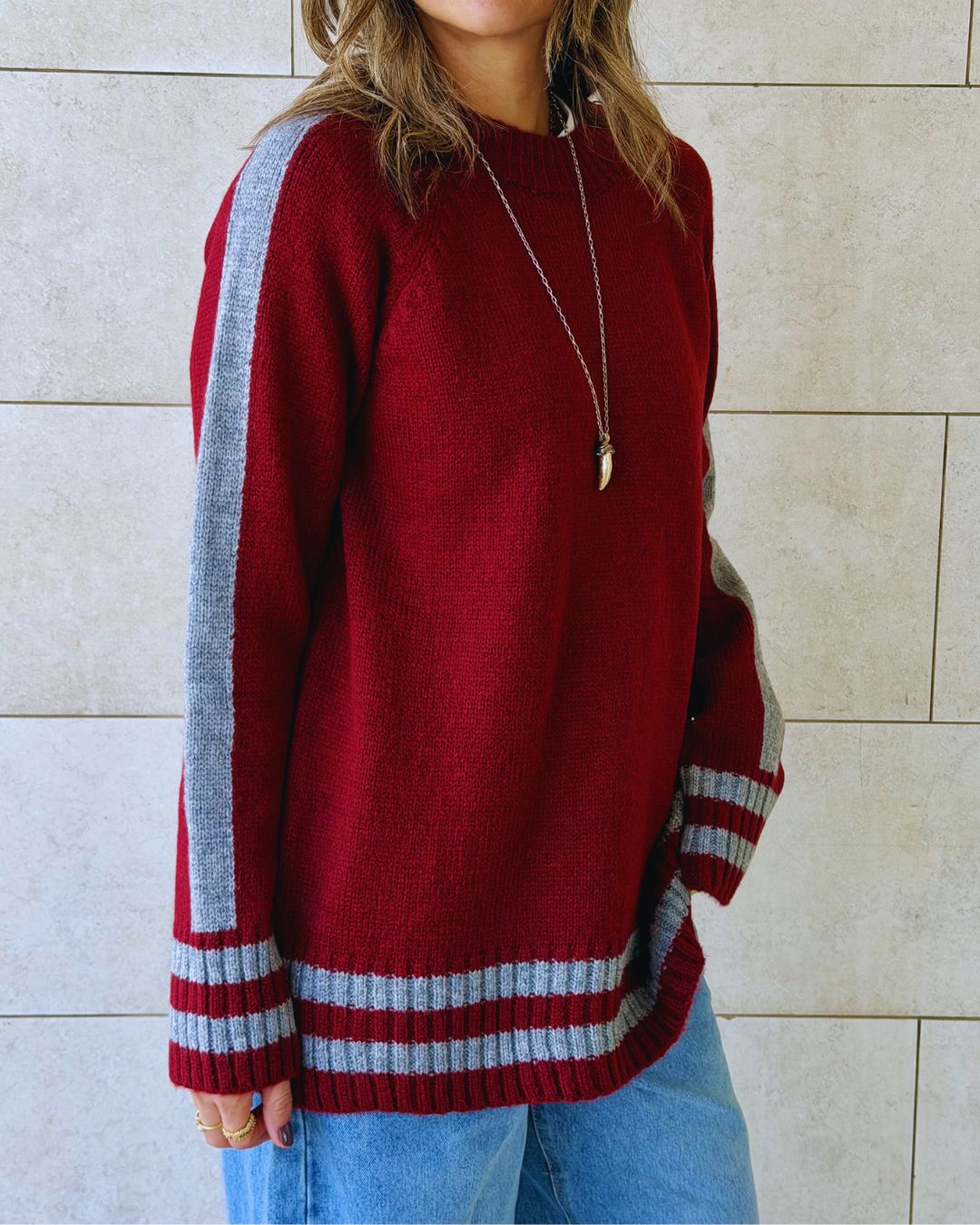 Burgundy Side Stripe Knit Pullover