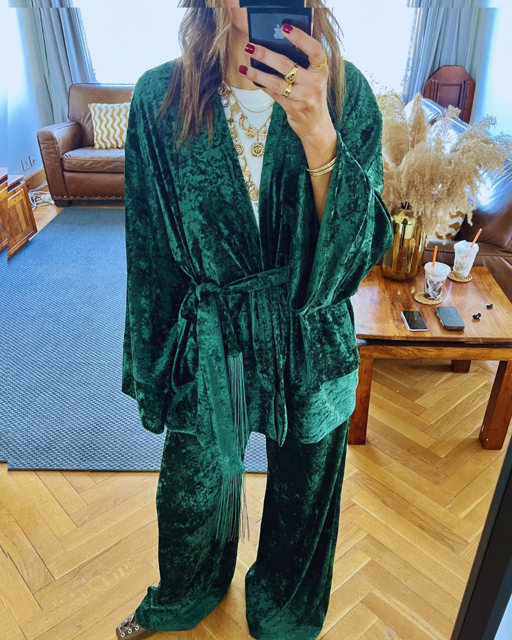 Green Velvet Wrap Fringe Kimono