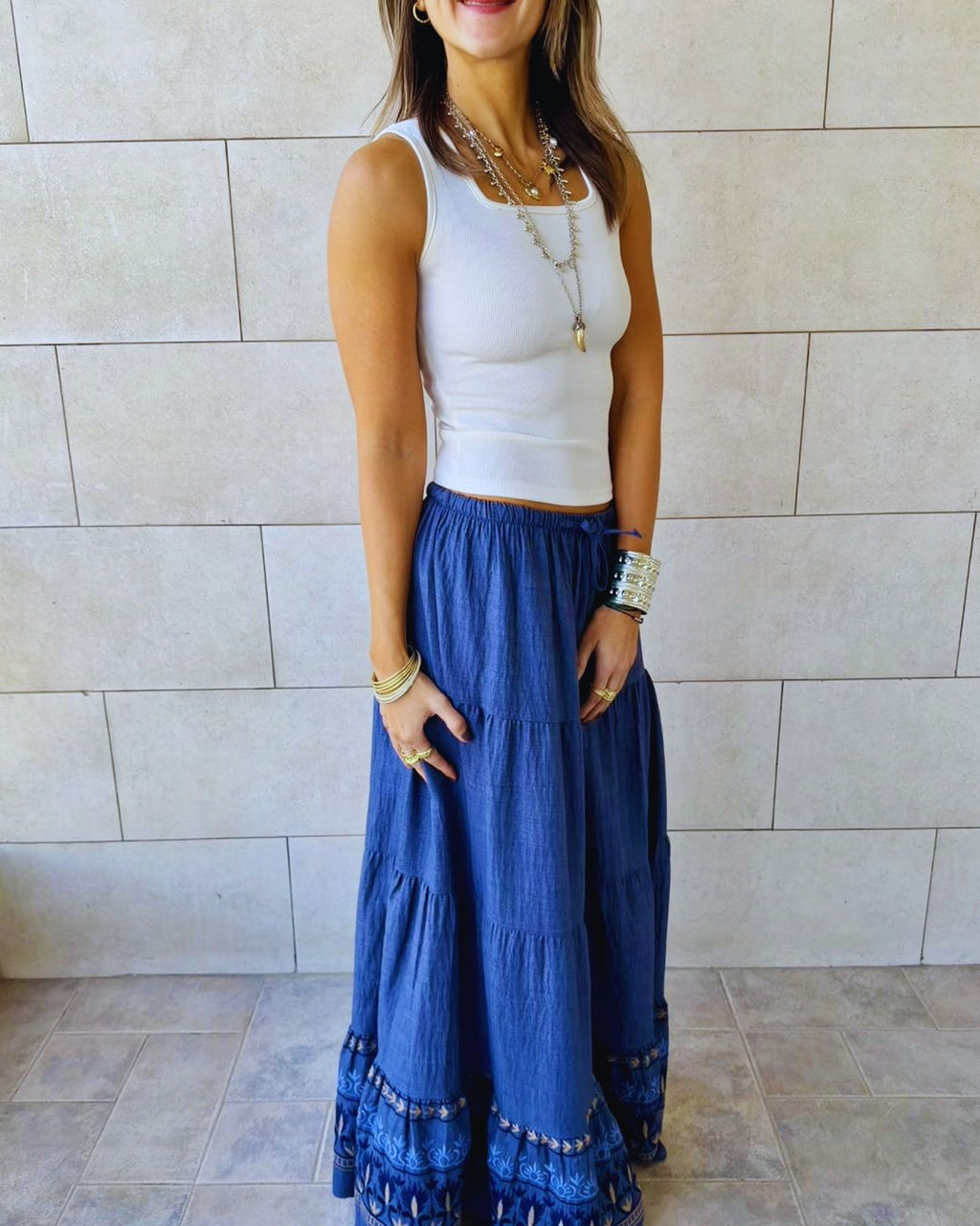 Navy Embroidered Detailed Tiered Skirt