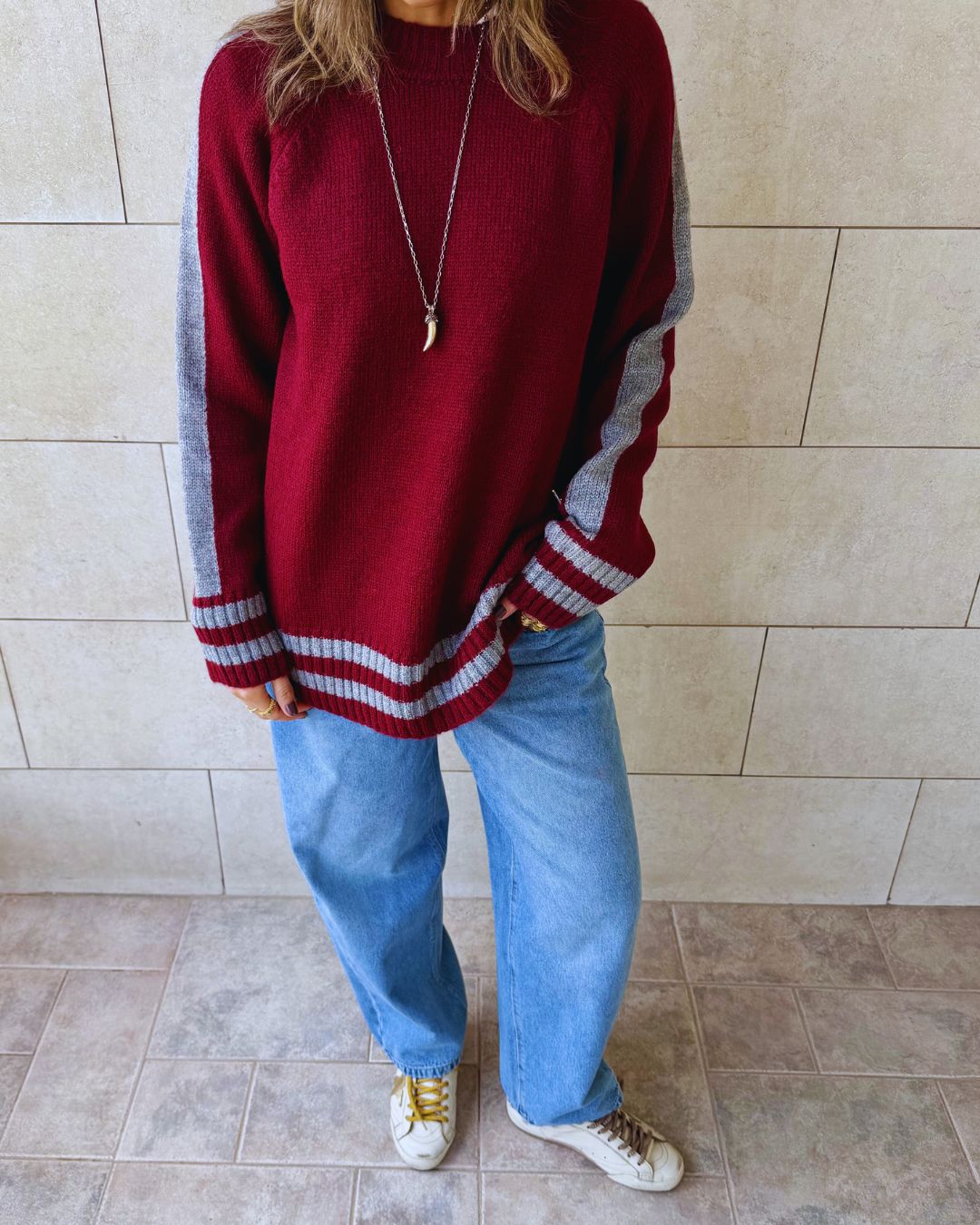 Burgundy Side Stripe Knit Pullover