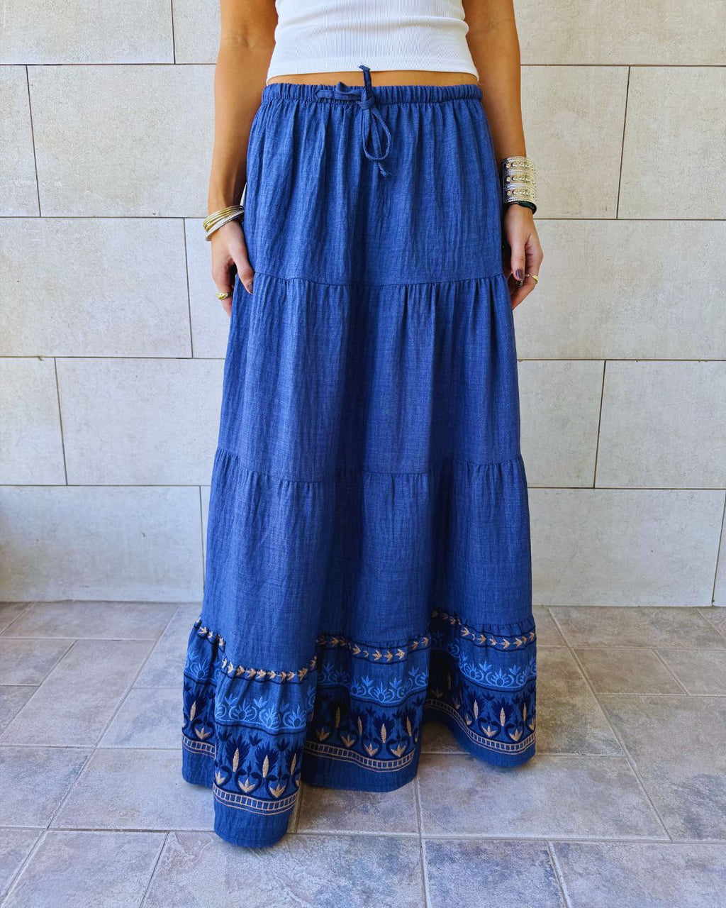 Navy Embroidered Detailed Tiered Skirt