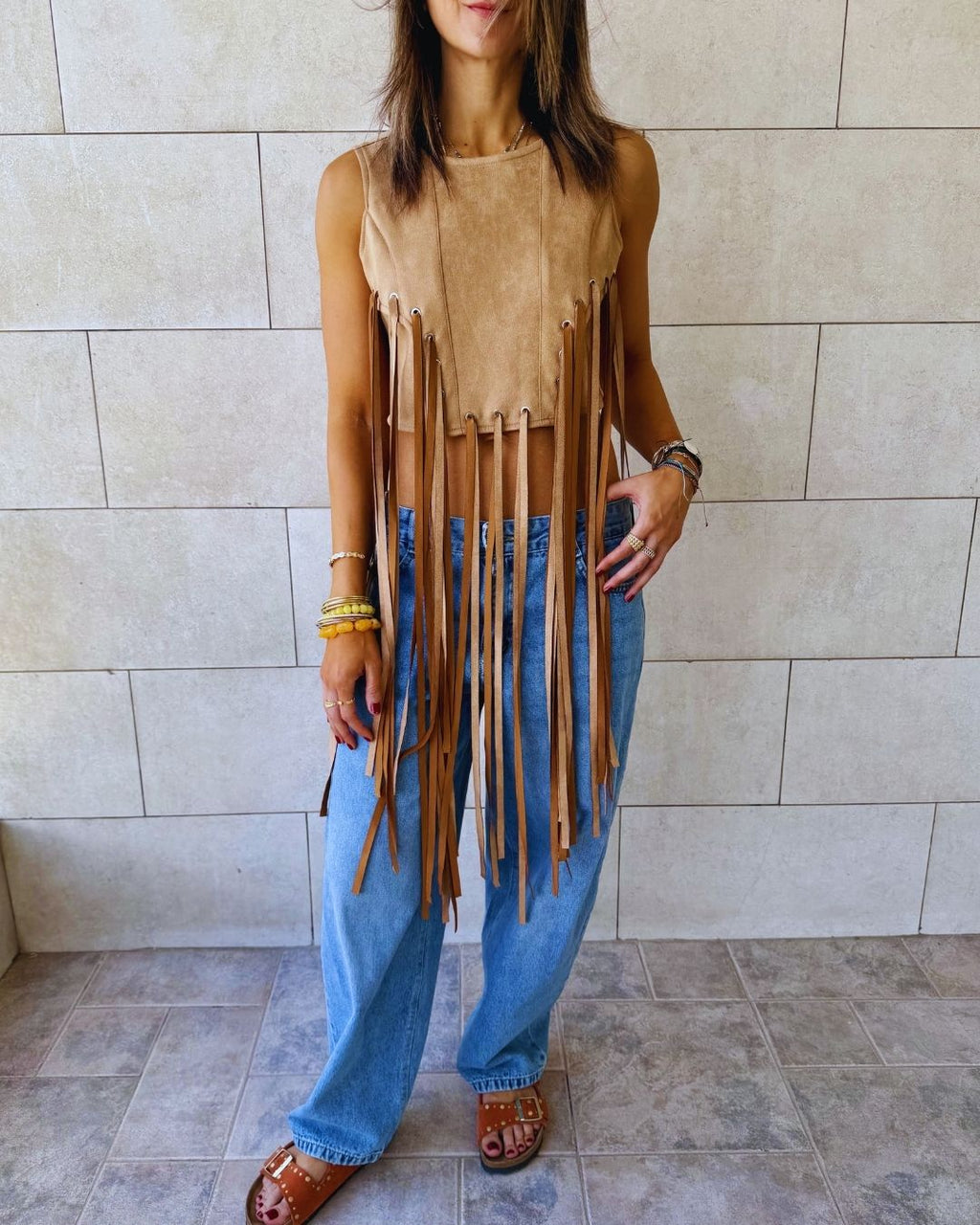 Beige Fringe Me Up Suede Top