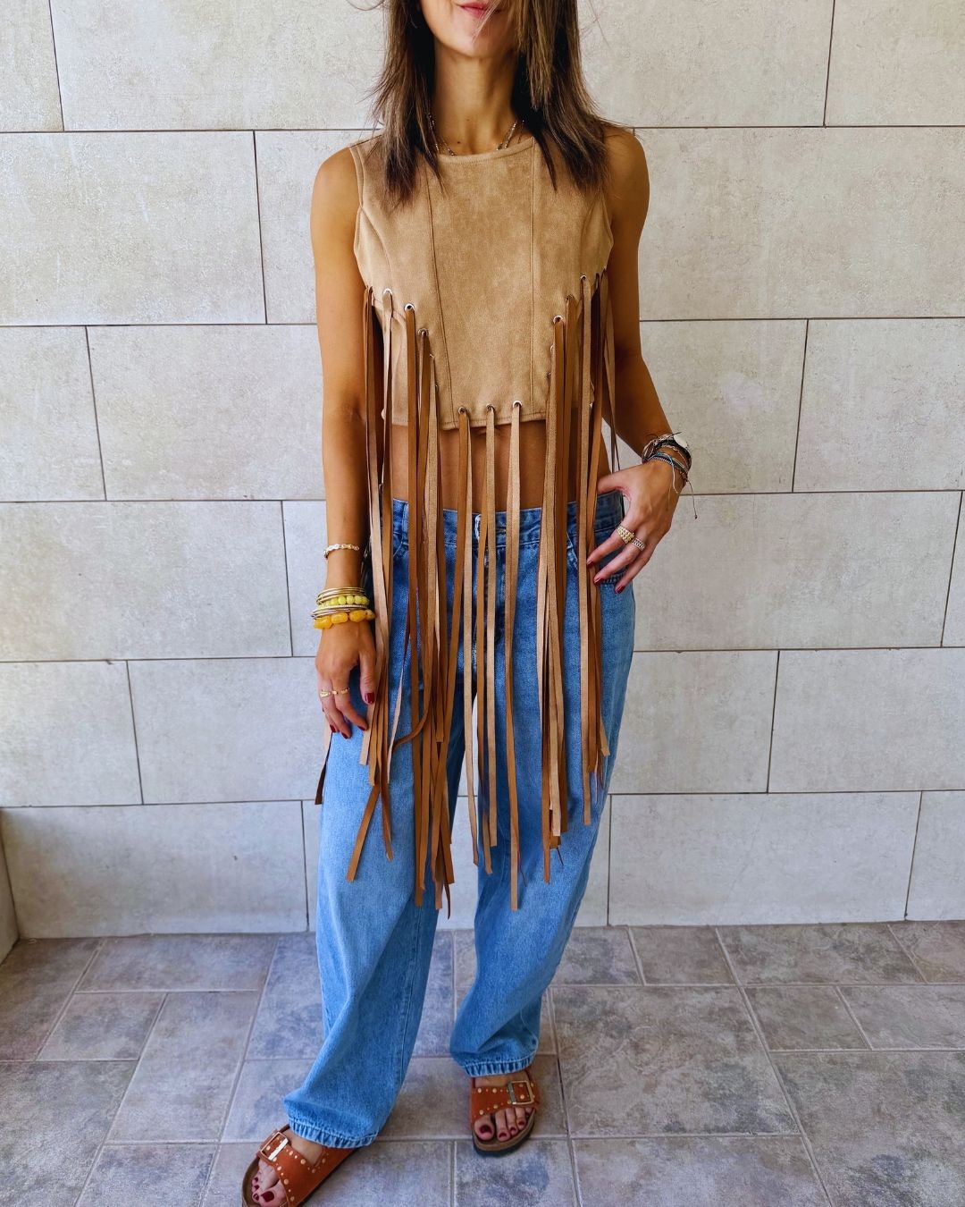 Beige Fringe Me Up Suede Top
