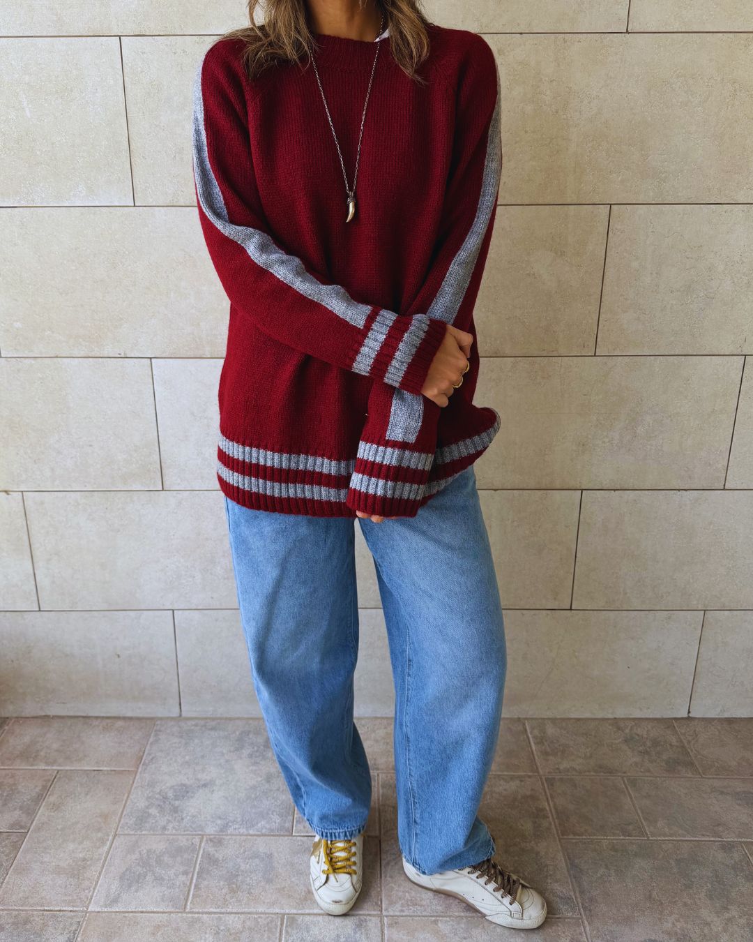 Burgundy Side Stripe Knit Pullover
