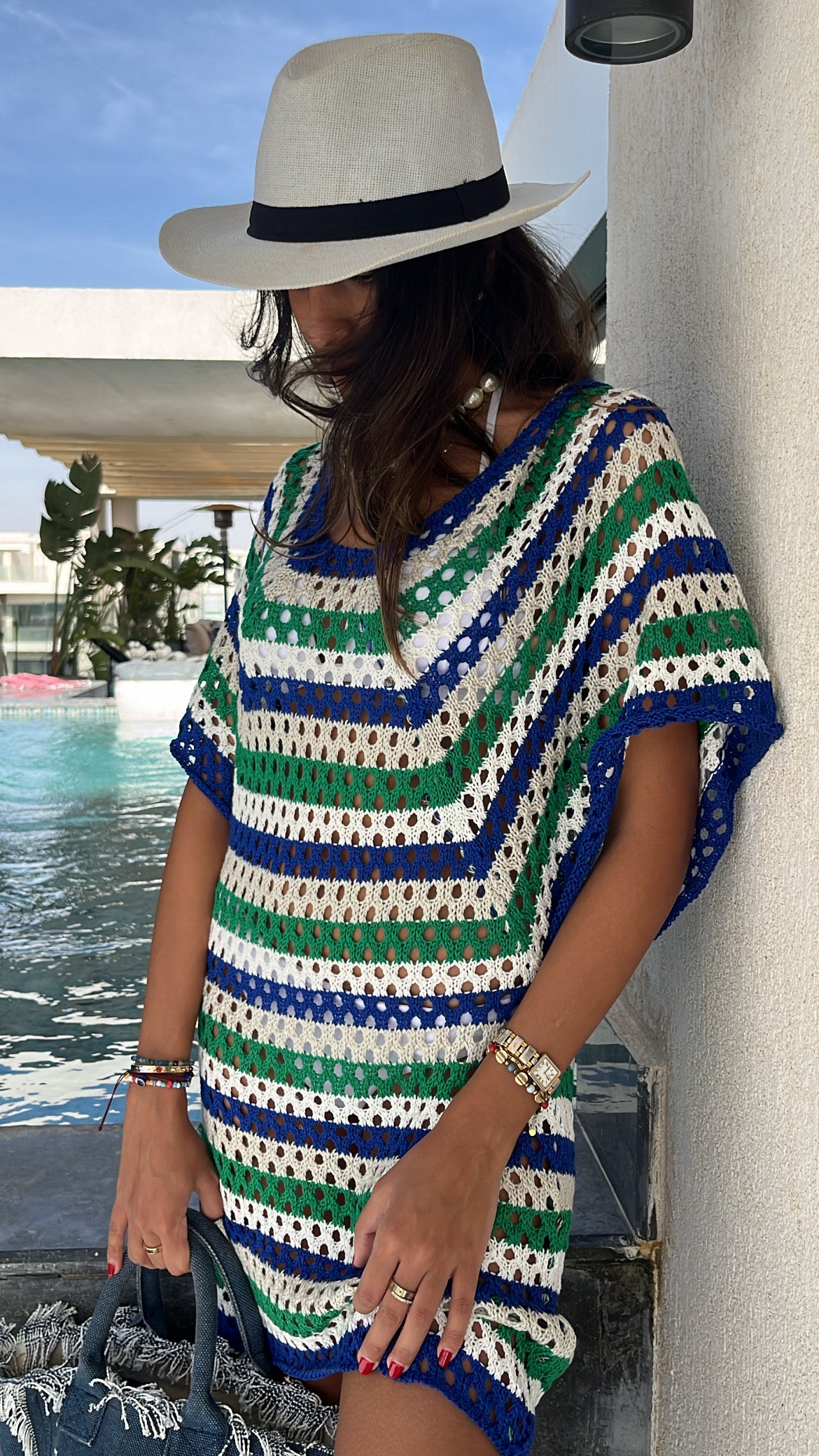 Blue Crochet Striped Coverup