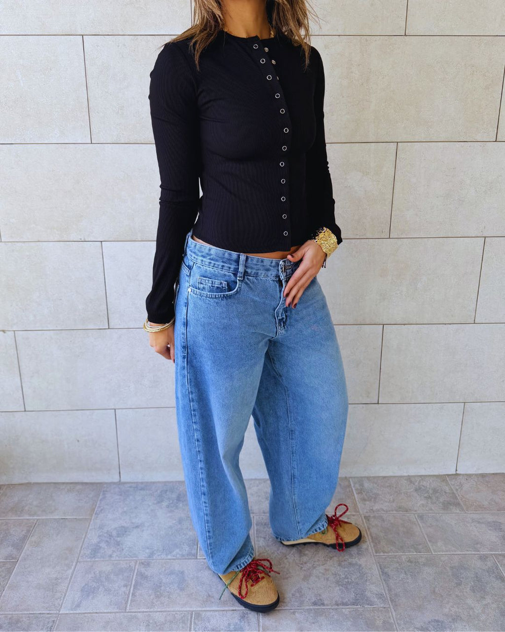 Black Buttons Up Ribbed Top