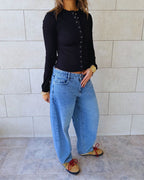 Black Buttons Up Ribbed Top