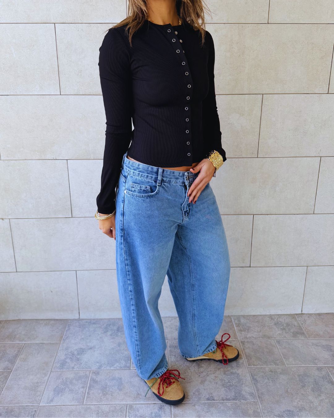 Black Buttons Up Ribbed Top
