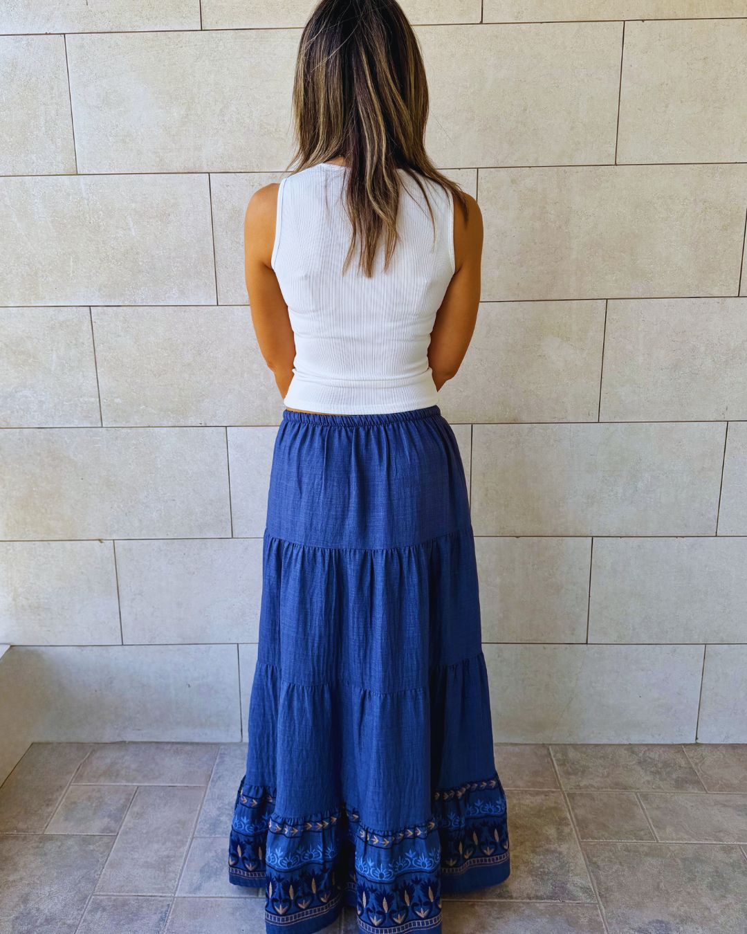 Navy Embroidered Detailed Tiered Skirt