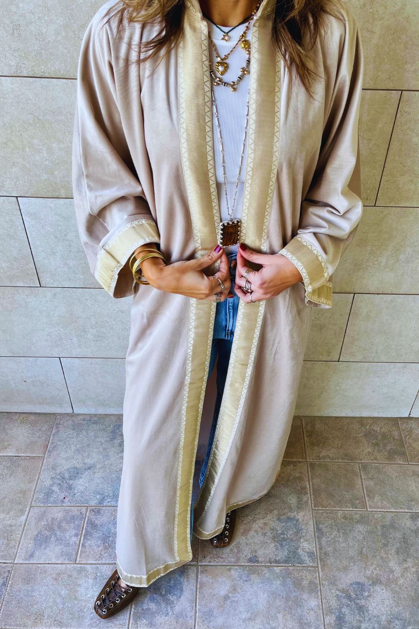 Beige Layali Velvet Kaftan