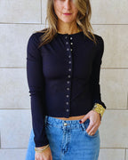 Black Buttons Up Ribbed Top