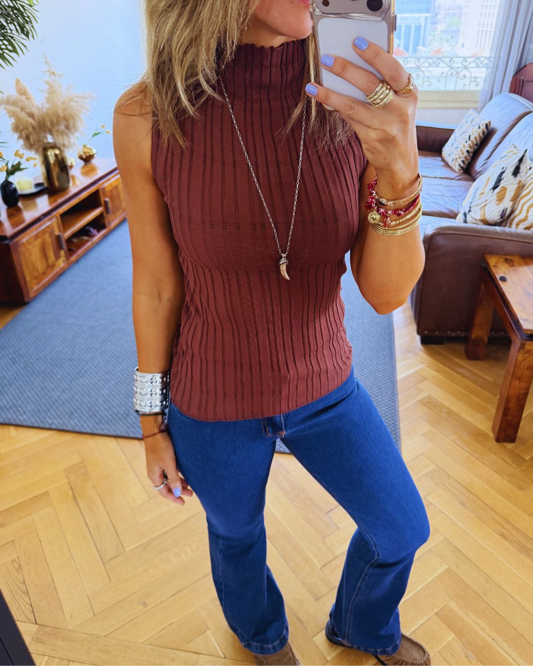 Brown Muse Mock Neck Top