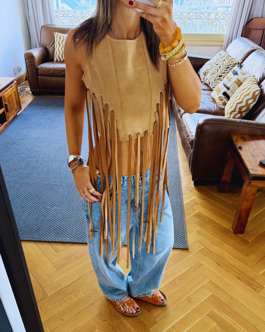 Beige Fringe Me Up Suede Top