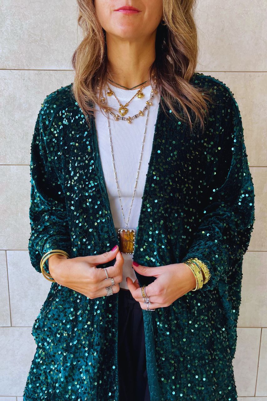 Emerald Sequin Velvet Kimono