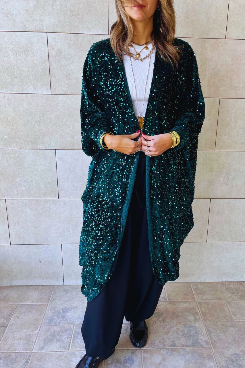 Emerald Sequin Velvet Kimono
