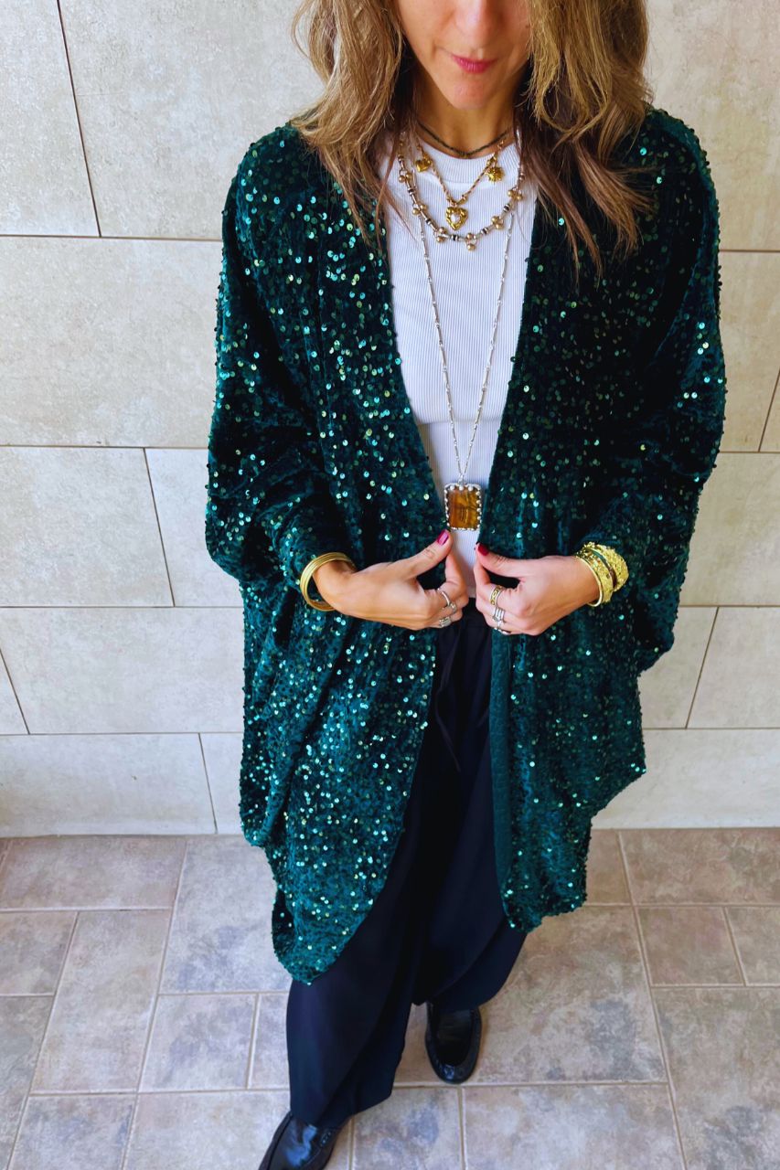 Emerald Sequin Velvet Kimono