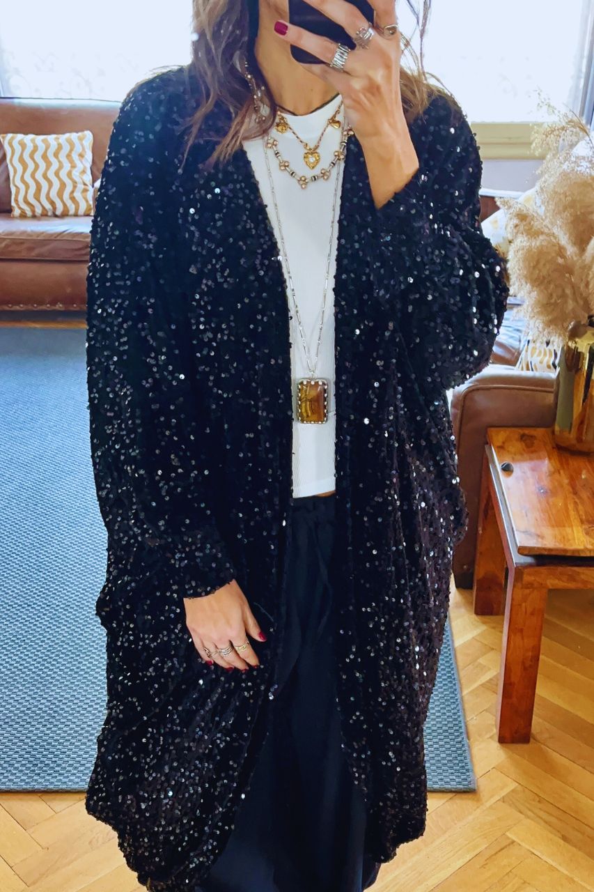Black Sequin Velvet Kimono