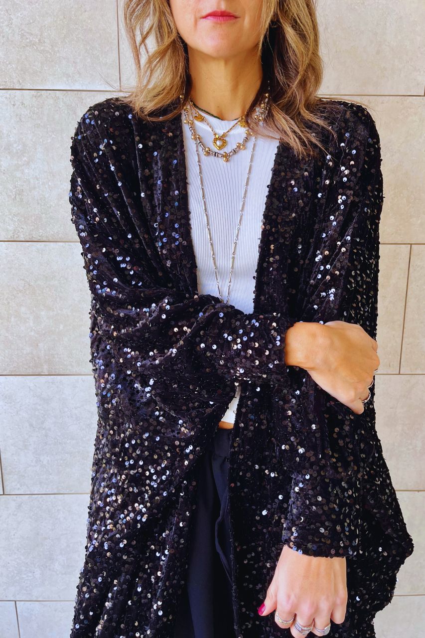 Black Sequin Velvet Kimono