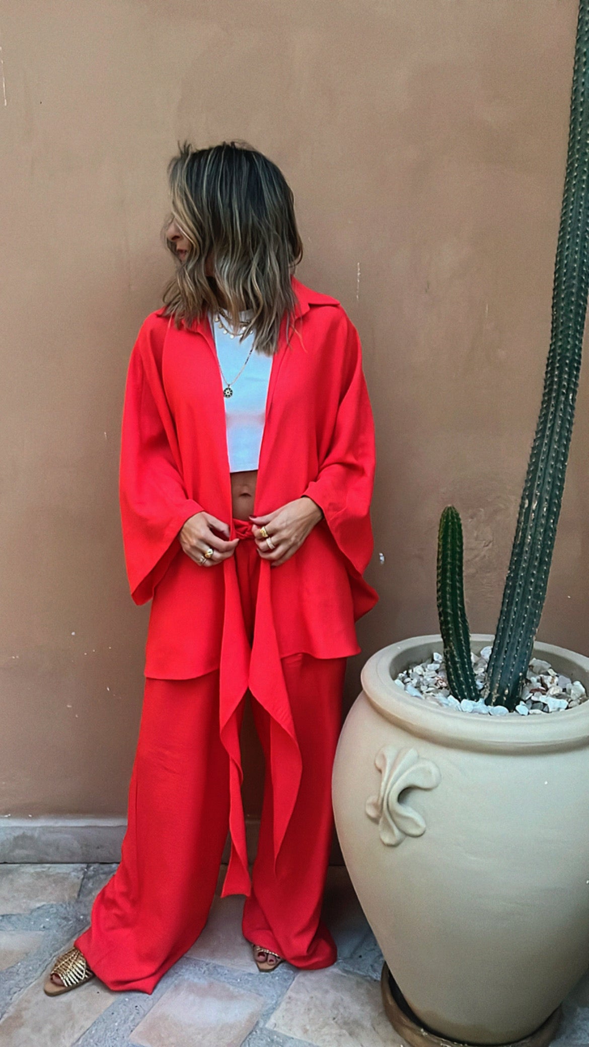 Watermelon Knot Open Shirt Linen Set