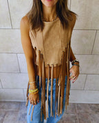 Beige Fringe Me Up Suede Top