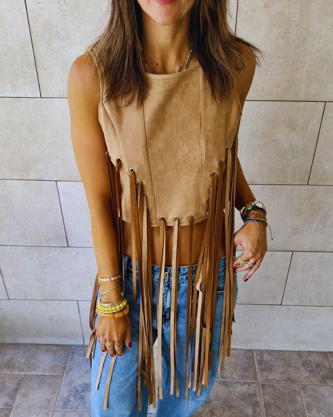 Beige Fringe Me Up Suede Top