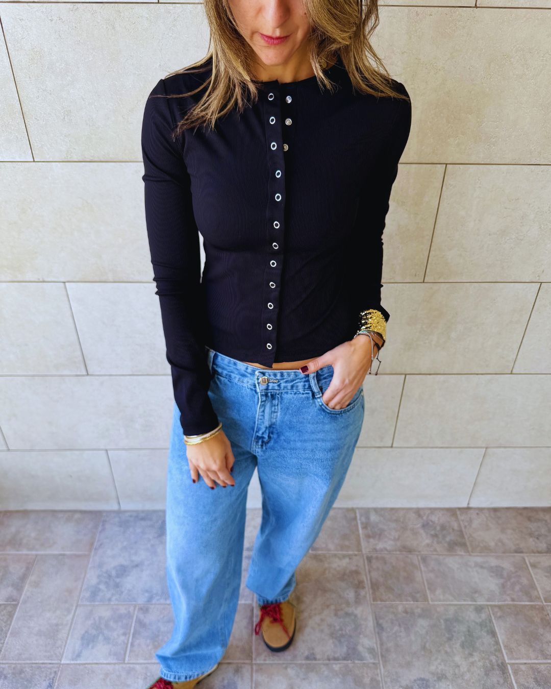 Black Buttons Up Ribbed Top