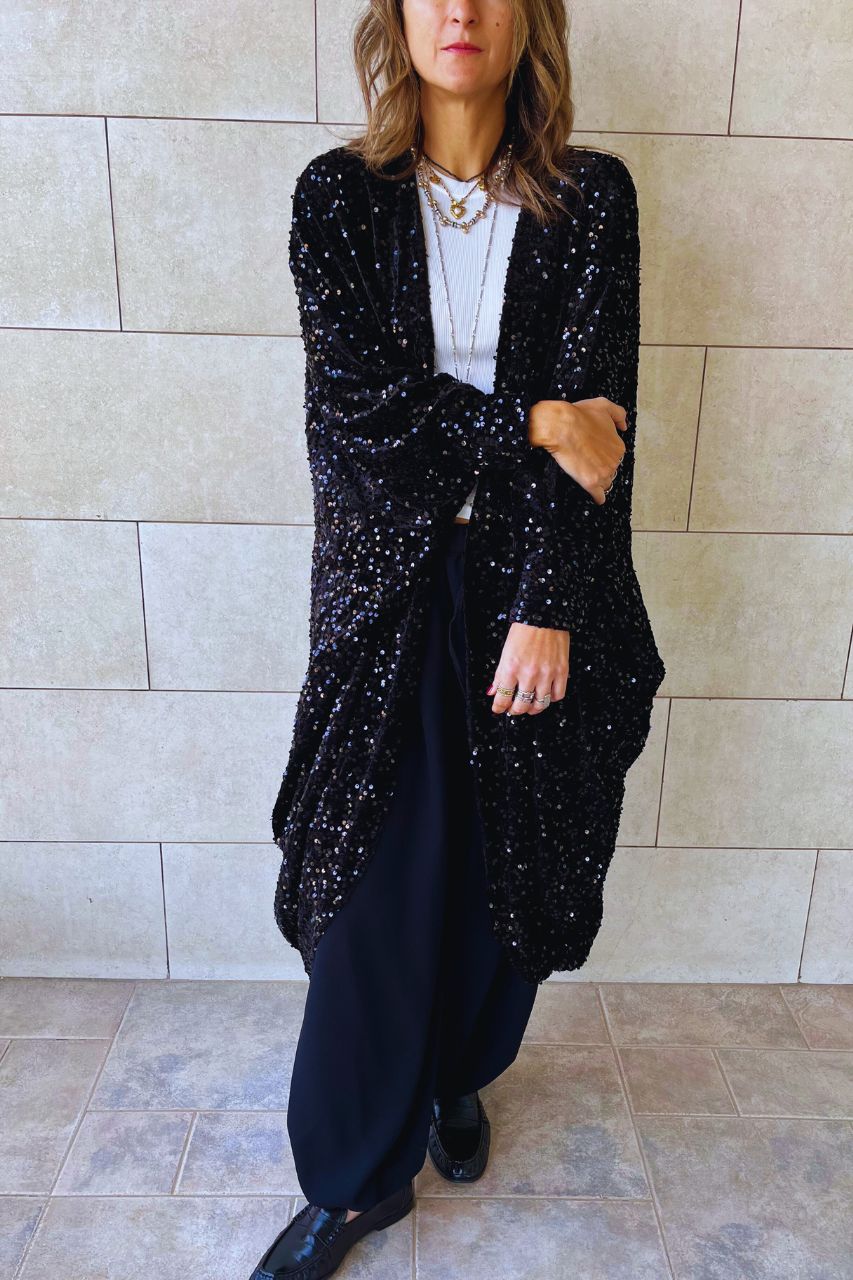 Black Sequin Velvet Kimono