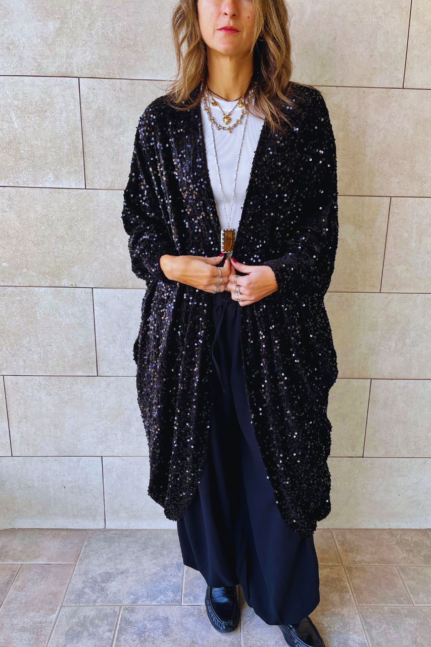 Black Sequin Velvet Kimono