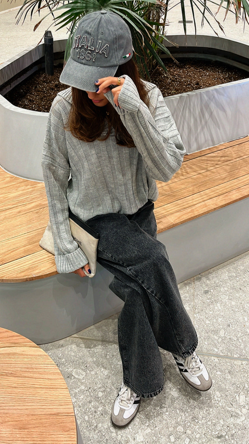 Grey Chunky Collar Knit