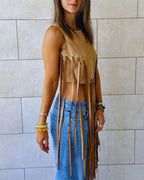 Beige Fringe Me Up Suede Top