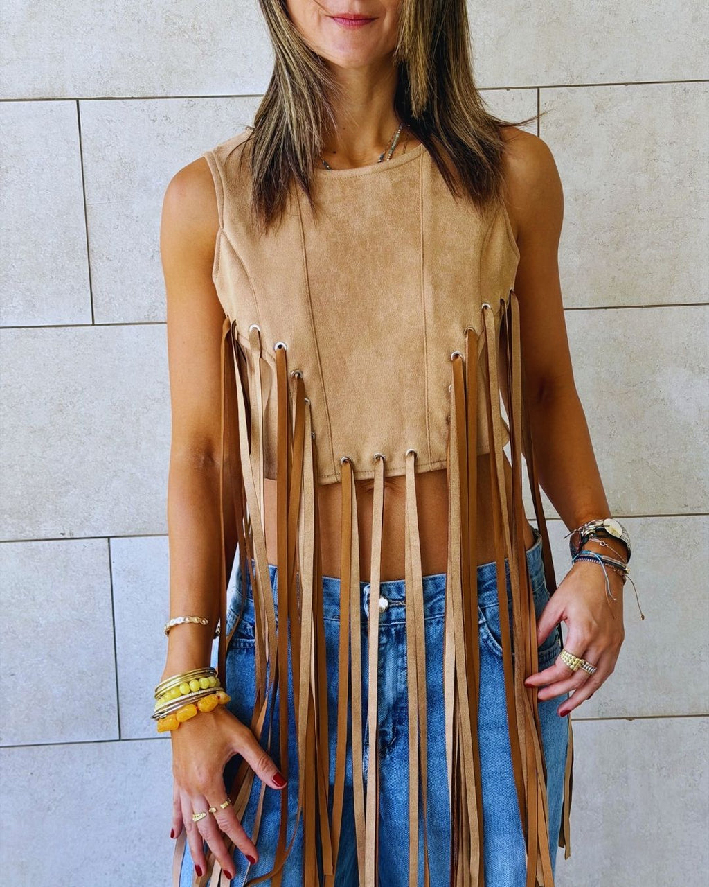 Beige Fringe Me Up Suede Top