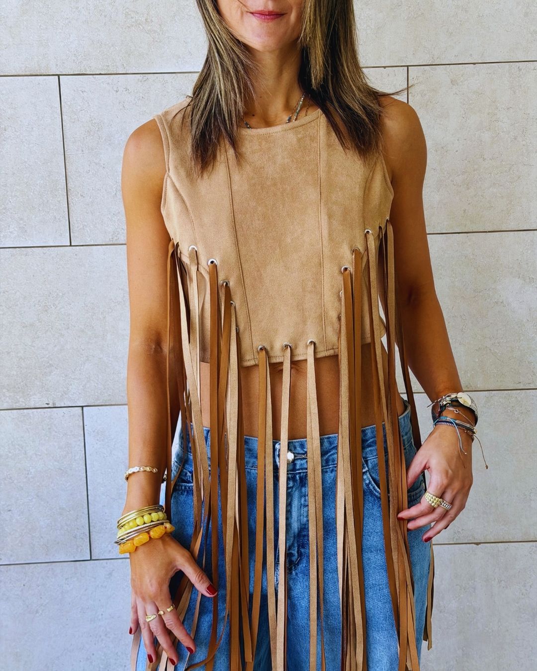 Beige Fringe Me Up Suede Top