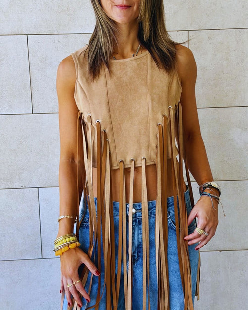Beige Fringe Me Up Suede Top