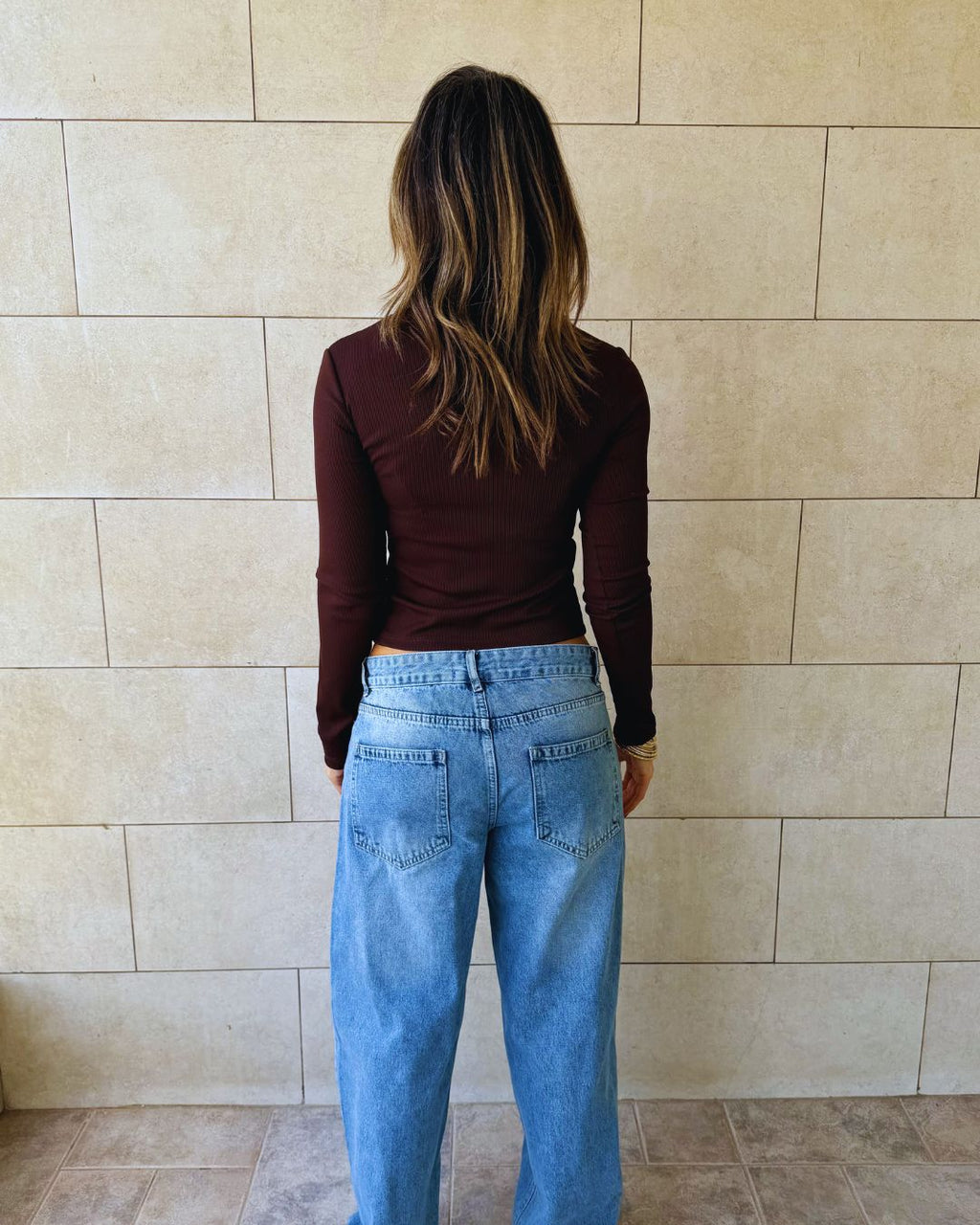 Brown Buttons Up Ribbed Top