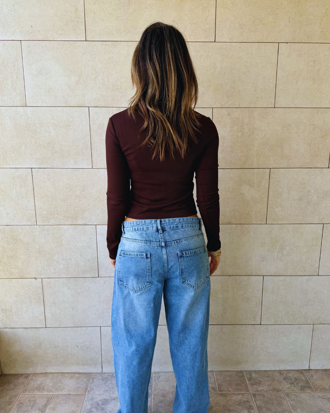 Brown Buttons Up Ribbed Top