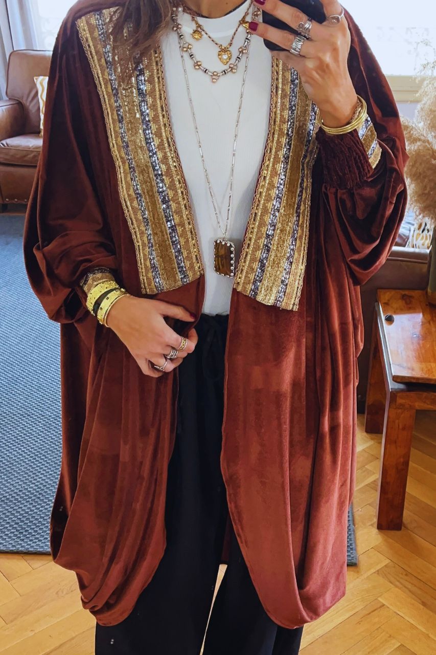 Brown Embellished Velvet Kimono